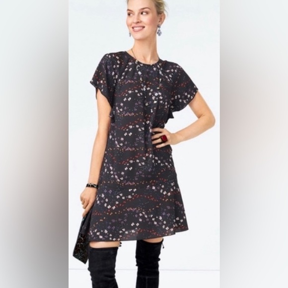 CABI "MUSE" 🩶GRAY🩶 MULTICOLOR FLORAL SHORT FLUTTER DRESS SIZE LARGE 🌟NWOT🌟 - Picture 3 of 15